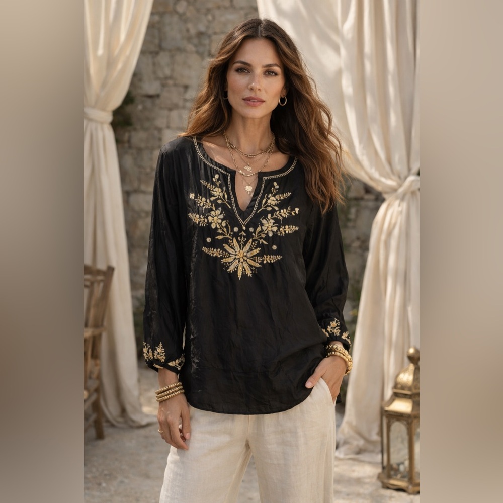 Calypso Christiane Celle Black Silk Embroidered Boho Blouse L